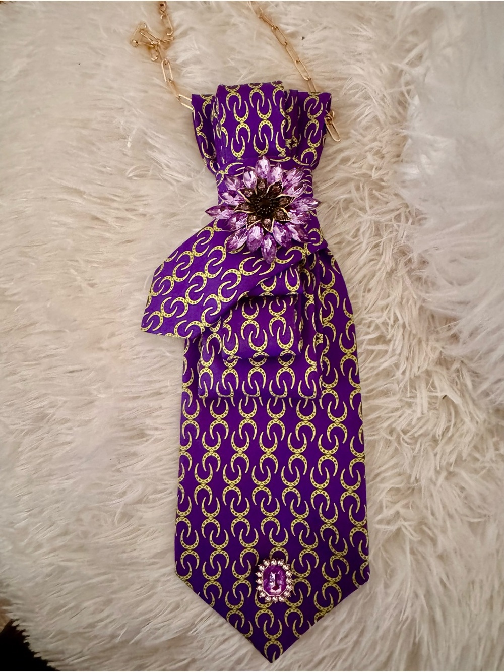 Handmade Hermes Purple and Gold Silk Statement Necklace Tie with Floral Brooch